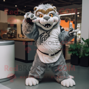 Gray Saber-Toothed Tiger mascot costume character dressed with a Jumpsuit and Ties