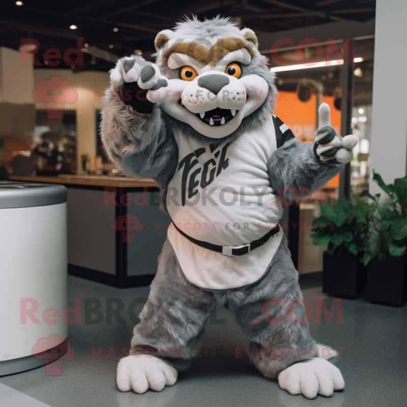 Gray Saber-Toothed Tiger mascot costume character dressed with a Jumpsuit and Ties Gray Saber-Toothed Tiger mascot costume character dressed with a Jumpsuit and Ties