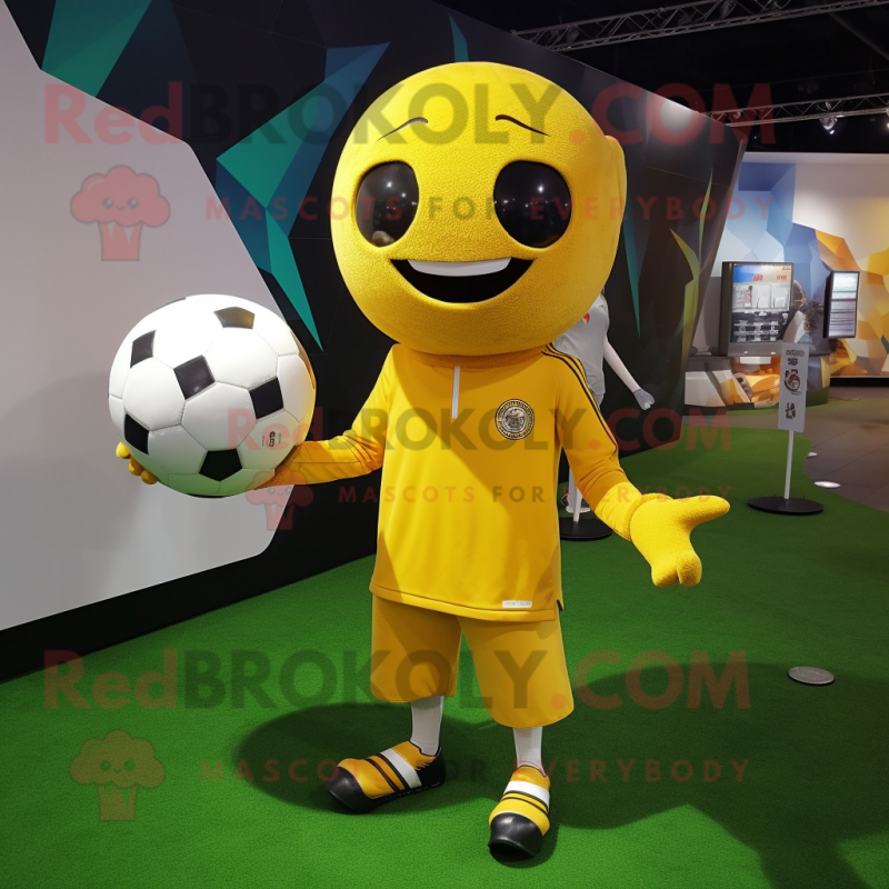 Yellow Soccer Ball mascot costume character dressed with a Long Sleeve Tee and Bracelets Yellow Soccer Ball mascot costume character dressed with a Long Sleeve Tee and Bracelets