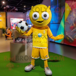 Yellow Soccer Ball mascot costume character dressed with a Long Sleeve Tee and Bracelets