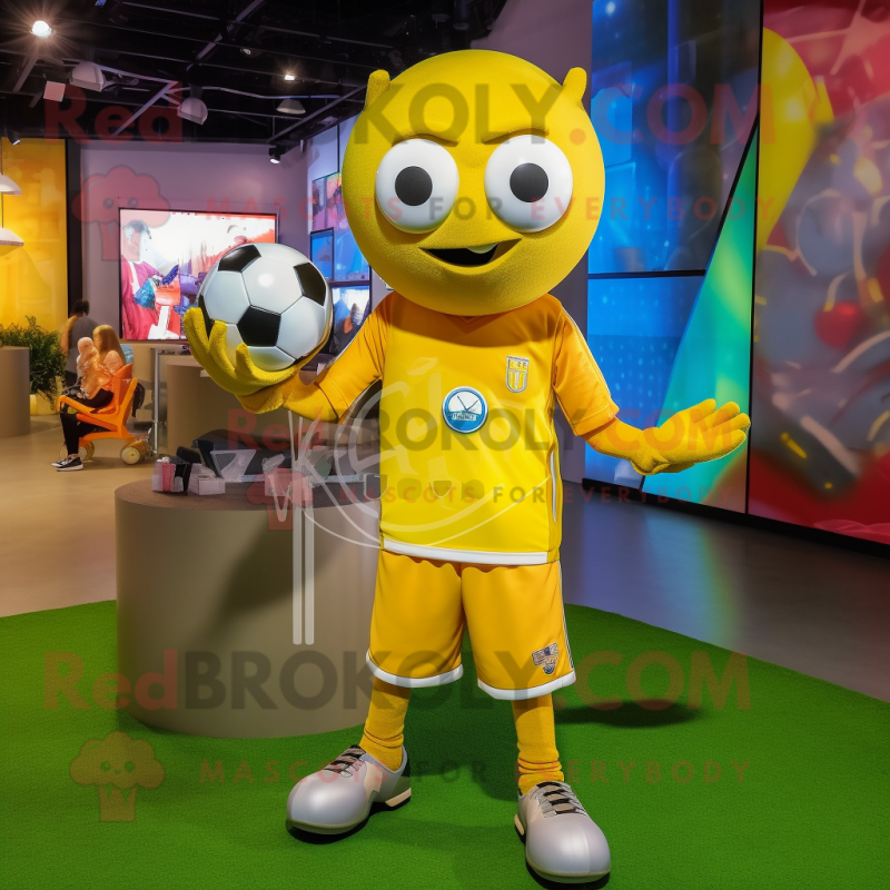 Yellow Soccer Ball mascot costume character dressed with a Long Sleeve Tee and Bracelets