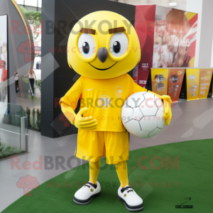 Yellow Soccer Ball mascot costume character dressed with a Long Sleeve Tee and Bracelets