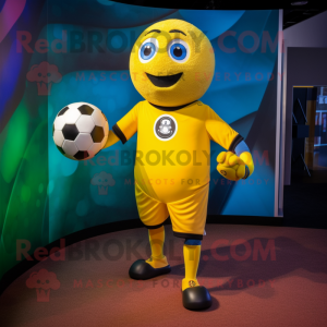 Yellow Soccer Ball mascot costume character dressed with a Long Sleeve Tee and Bracelets