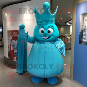 Turquoise Queen mascot costume character dressed with a Jumpsuit and Caps