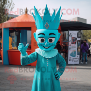 Turquoise Queen mascot costume character dressed with a Jumpsuit and Caps