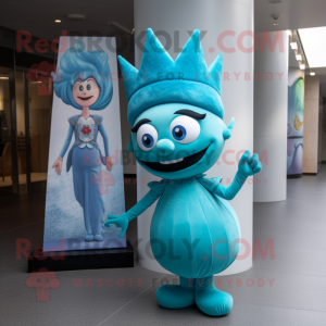 Turquoise Queen mascot costume character dressed with a Jumpsuit and Caps