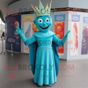 Turquoise Queen mascot costume character dressed with a Jumpsuit and Caps