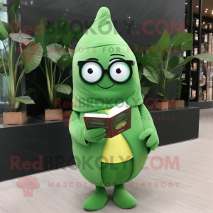 Forest Green Mango mascot costume character dressed with a Coat and Reading glasses