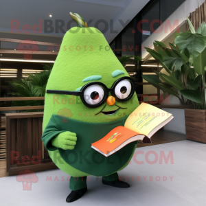 Forest Green Mango mascot costume character dressed with a Coat and Reading glasses