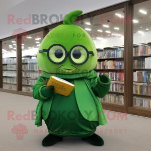 Forest Green Mango mascot costume character dressed with a Coat and Reading glasses