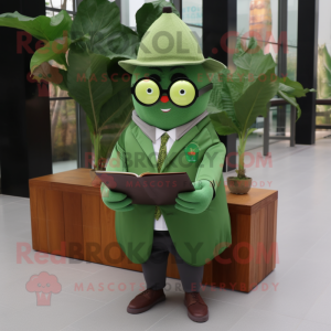 Forest Green Mango mascot costume character dressed with a Coat and Reading glasses