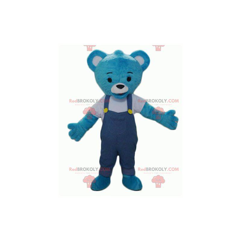 Mascote urso de pelúcia azul com macacão - Redbrokoly.com