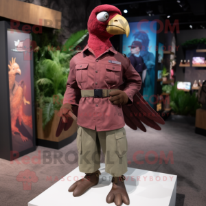 Maroon Archeopteryx mascot costume character dressed with a Cargo Pants and Lapel pins