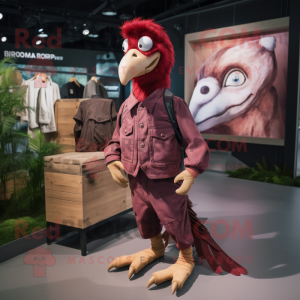 Maroon Archeopteryx mascot costume character dressed with a Cargo Pants and Lapel pins