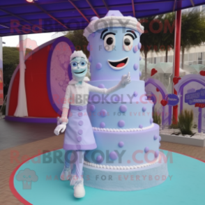 Lavender Wedding Cake mascot costume character dressed with a Mom Jeans and Foot pads