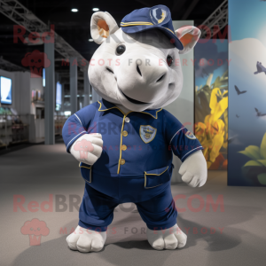 Navy Rhinoceros mascot costume character dressed with a Polo Shirt and Foot pads