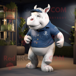 Navy Rhinoceros mascot costume character dressed with a Polo Shirt and Foot pads