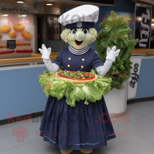 Navy Caesar Salad mascot costume character dressed with a Circle Skirt and Berets