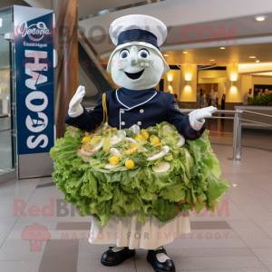Navy Caesar Salad mascot costume character dressed with a Circle Skirt and Berets