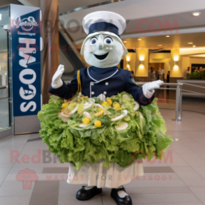 Navy Caesar Salad mascot costume character dressed with a Circle Skirt and Berets