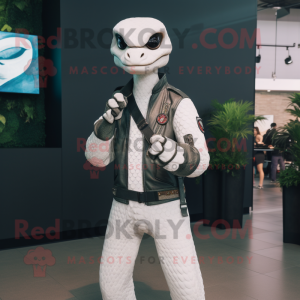 White Python mascot costume character dressed with a Biker Jacket and Smartwatches