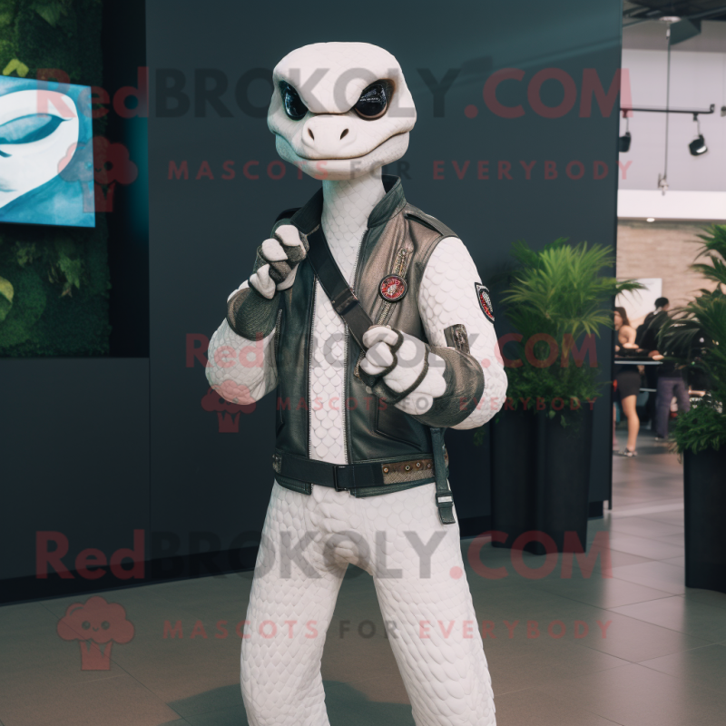 White Python mascot costume character dressed with a Biker Jacket and Smartwatches White Python mascot costume character dressed with a Biker Jacket and Smartwatches