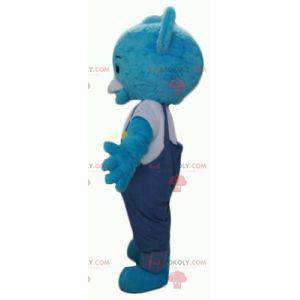 Mascote urso de pelúcia azul com macacão - Redbrokoly.com