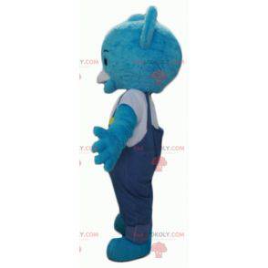 Mascote urso de pelúcia azul com macacão - Redbrokoly.com