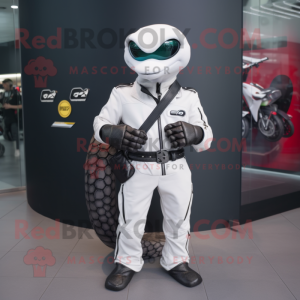 White Python mascot costume character dressed with a Biker Jacket and Smartwatches