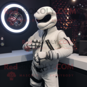 White Python mascot costume character dressed with a Biker Jacket and Smartwatches