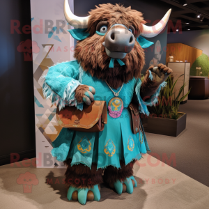 Turquoise Bison mascot costume character dressed with a Dress and Wallets