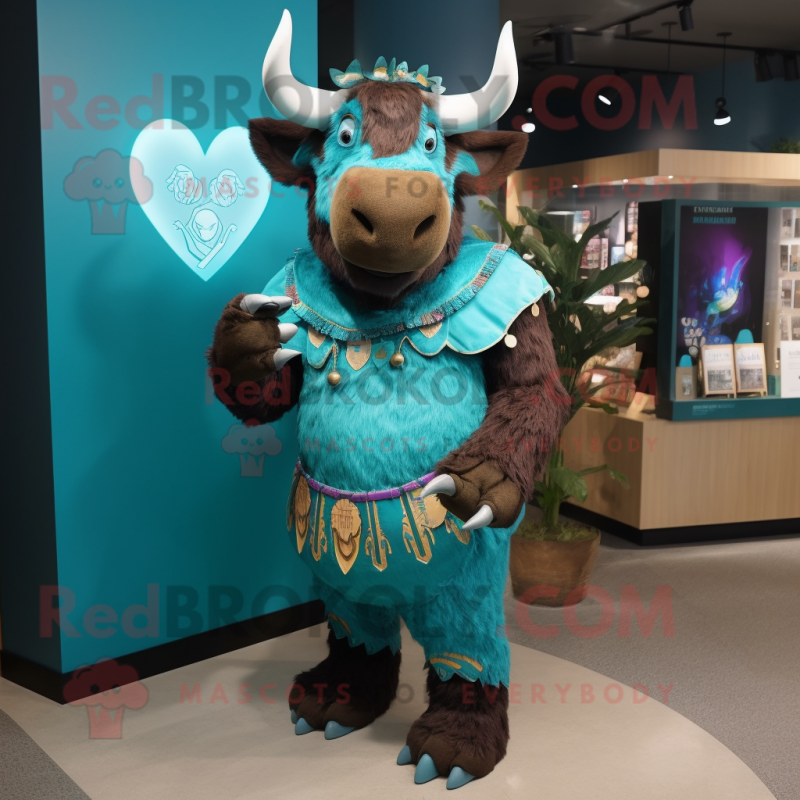 Turquoise Bison mascot costume character dressed with a Dress and Wallets