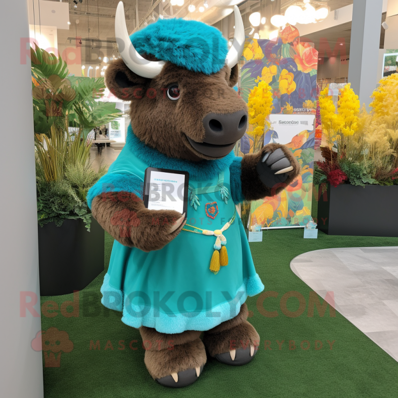 Turquoise Bison mascot costume character dressed with a Dress and Wallets Turquoise Bison mascot costume character dressed with a Dress and Wallets