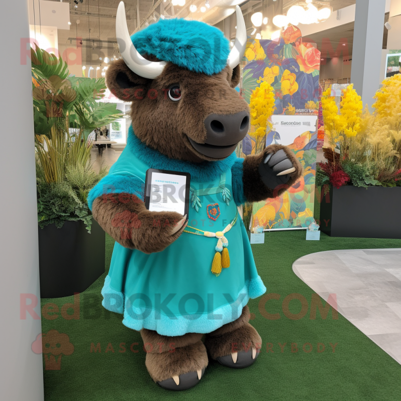 Turquoise Bison mascot costume character dressed with a Dress and Wallets