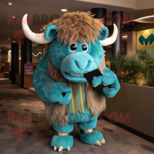 Turquoise Bison mascot costume character dressed with a Dress and Wallets