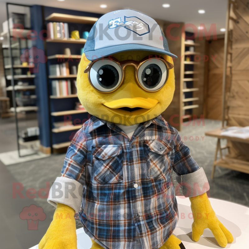 Gold Quail mascot costume character dressed with a Chambray Shirt and Beanies