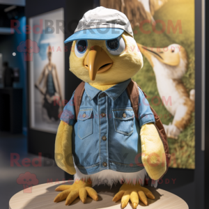 Gold Quail mascot costume character dressed with a Chambray Shirt and Beanies