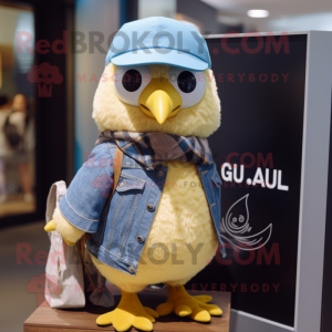 Gold Quail mascot costume character dressed with a Chambray Shirt and Beanies