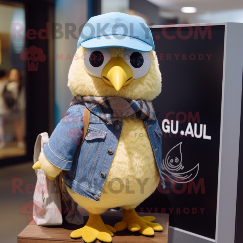 Gold Quail mascot costume character dressed with a Chambray Shirt and Beanies