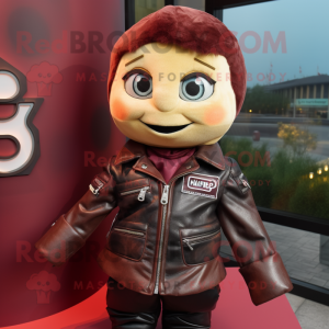 Maroon Shepard'S Pie mascot costume character dressed with a Leather Jacket and Ties