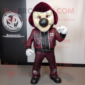 Maroon Shepard'S Pie mascot costume character dressed with a Leather Jacket and Ties