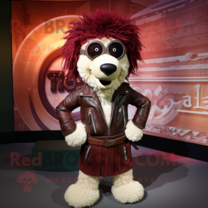 Maroon Shepard'S Pie mascot costume character dressed with a Leather Jacket and Ties