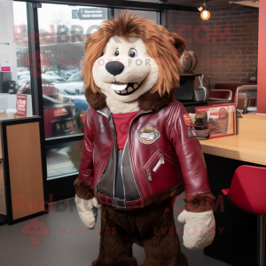 Maroon Shepard'S Pie mascot costume character dressed with a Leather Jacket and Ties