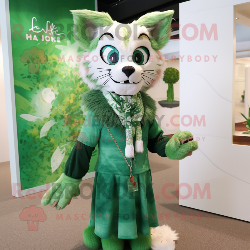 Green Lynx mascot costume character dressed with a Shift Dress and Shawls