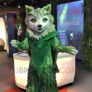 Green Lynx mascot costume character dressed with a Shift Dress and Shawls