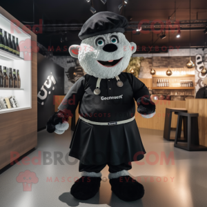 Black Guinness mascot costume character dressed with a Culottes and Suspenders