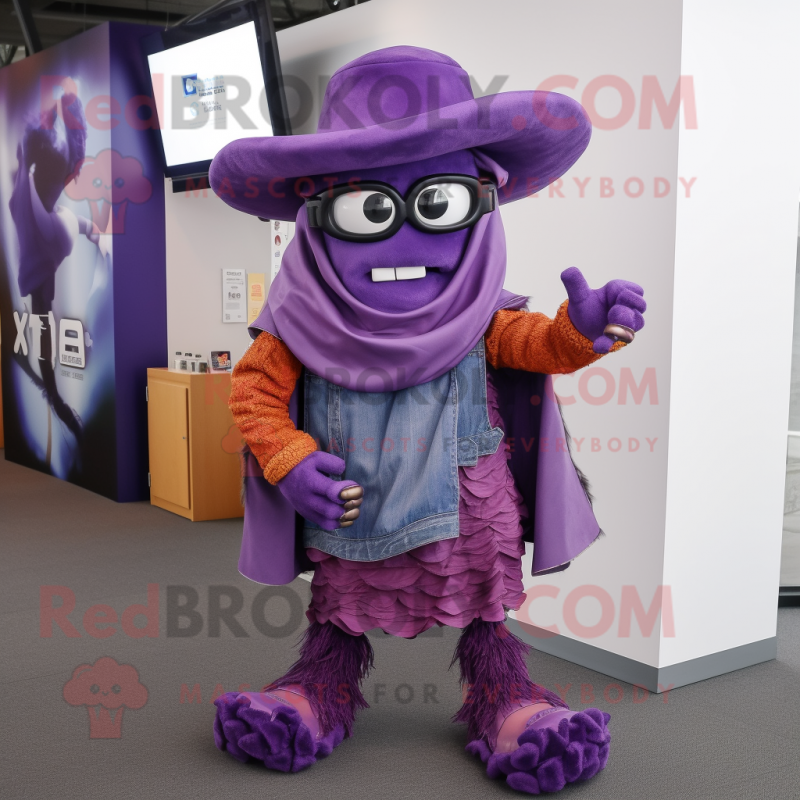 Purple Goulash mascot costume character dressed with a Jeans and Wraps