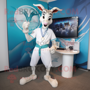 White Gazelle mascot costume character dressed with a Bermuda Shorts and Bracelets