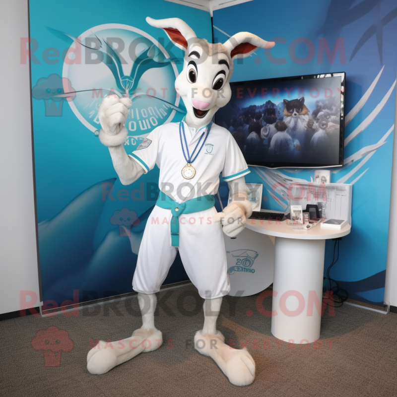White Gazelle mascot costume character dressed with a Bermuda Shorts and Bracelets White Gazelle mascot costume character dressed with a Bermuda Shorts and Bracelets