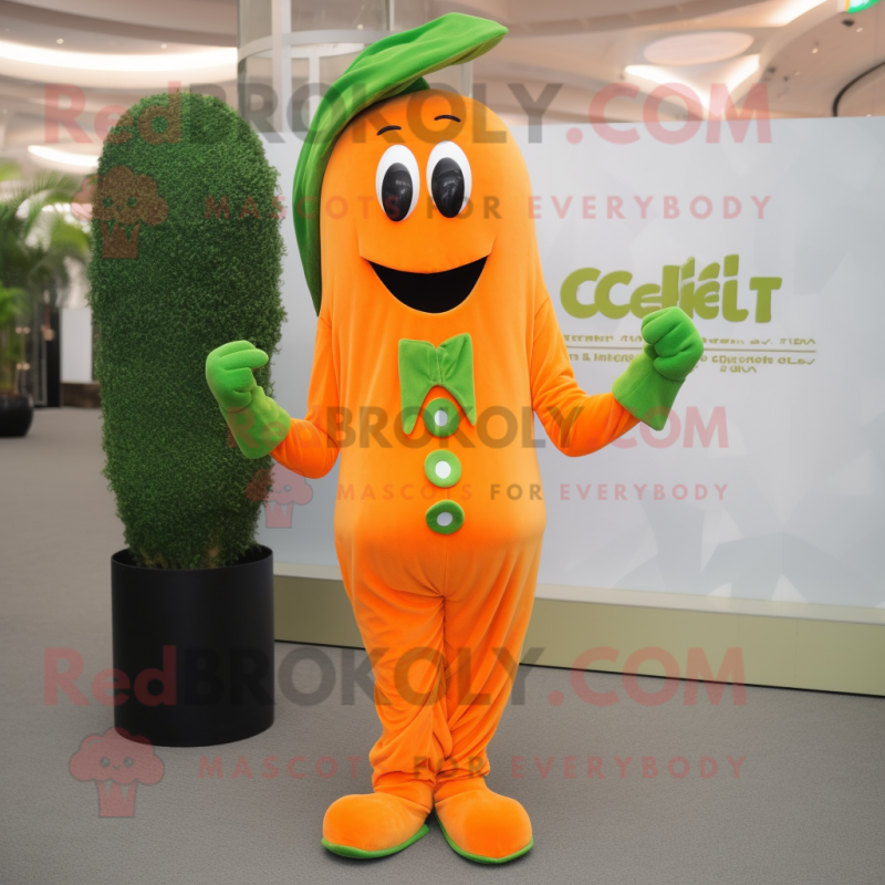 Orange Celery mascot costume character dressed with a Jumpsuit and Cufflinks